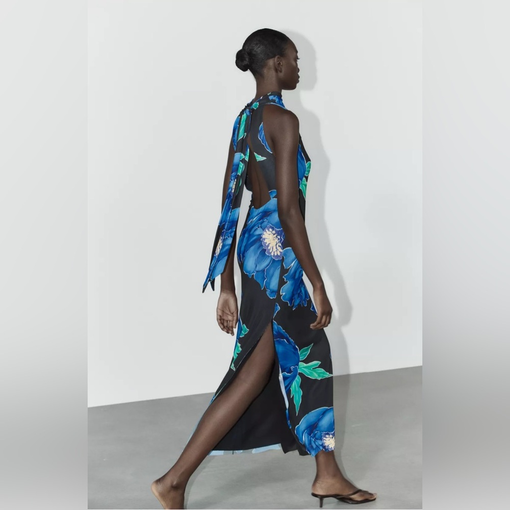Zara BLUE FLORAL FLOWY PRINT HALTER NECK DRESS  - NWT! - Picture 7 of 16